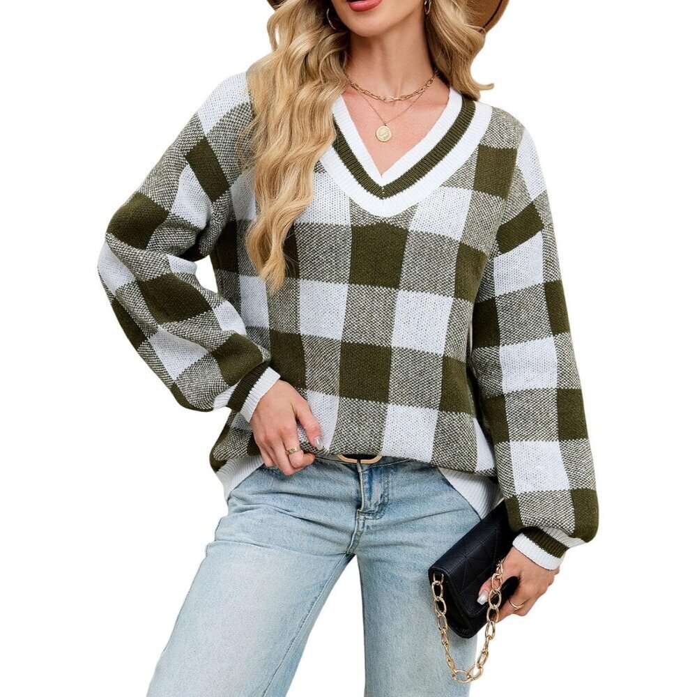 Women's Long Sleeve V Neck Sweater Soft Knit Oversized Plaid Casual Top